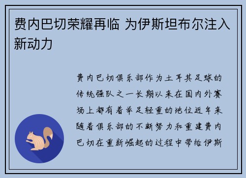 费内巴切荣耀再临 为伊斯坦布尔注入新动力